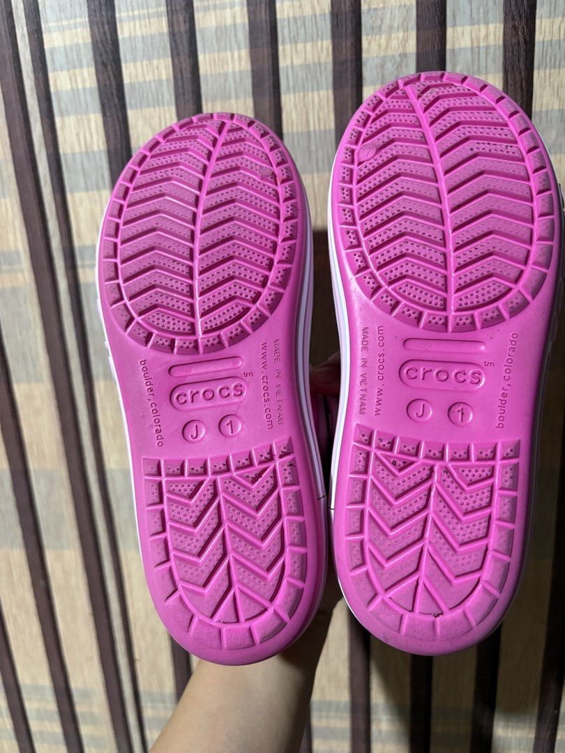 Crocs Pink Sandals Size J1 (Category: Babies & Kids Fashion) located in Cavite. Submitted by -coffeebean- (Listing ID 1464173297, Image 3). Description: - Pink Crocs sandals for kids - Size J1 - 20cm - Easy slip-on design - Adjustable straps for a secure fit - Ideal for everyday wear and outdoor activities - Soles with good grip for safety - Lightly used, outgrown quickly - bought in Taiwan.
