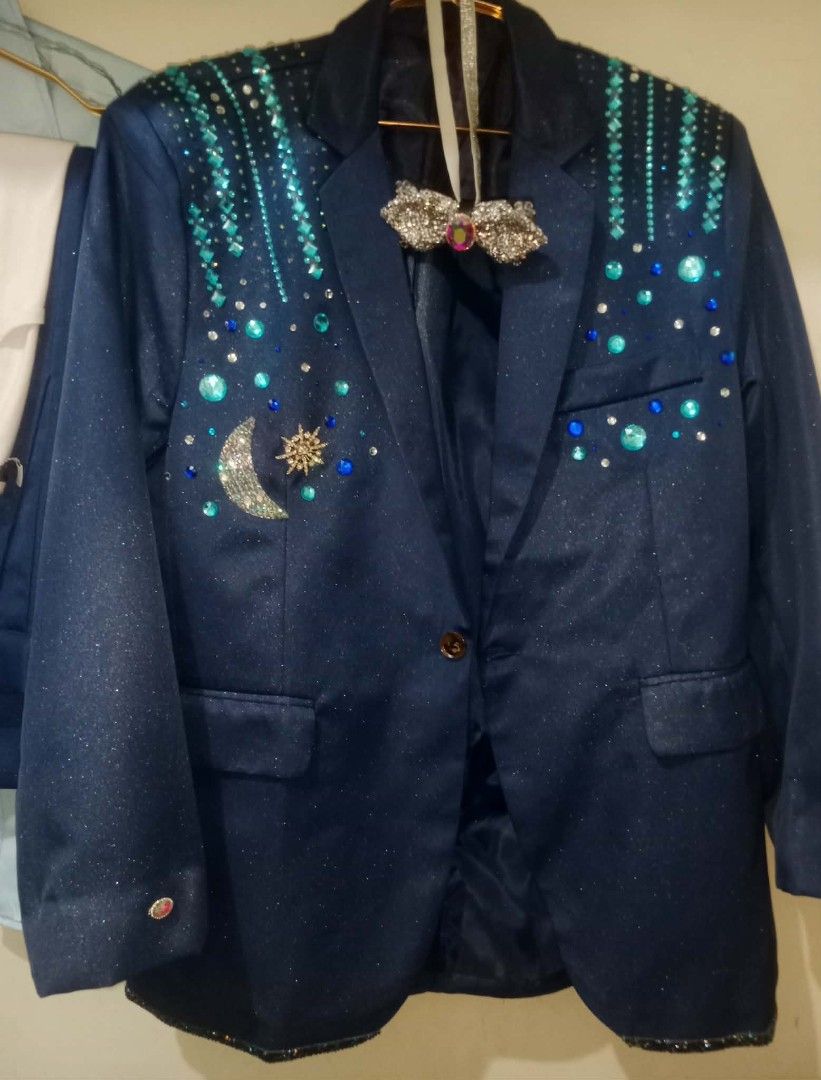 Custom Embellished Navy Blue Blazer with Bowtie (Category: Coats, Jackets and Outerwear) located in Manila. Submitted by dsweetest (Listing ID 1464163068, Image 3). Description: Navy blue blazer with sparkly embellishments. Features moon and star details. Comes with a matching sparkly bowtie. Great for special occasions or performances. Unique design. Comes with pants, long sleeves and bedazzled bowtie Fits M to XL / Ready to ship Location: Manil