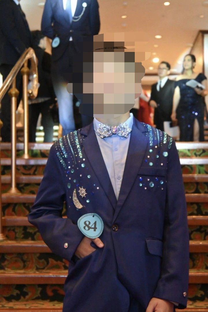 Custom Embellished Navy Blue Blazer with Bowtie (Category: Coats, Jackets and Outerwear) located in Manila. Submitted by dsweetest (Listing ID 1464163068, Image 1). Description: Navy blue blazer with sparkly embellishments. Features moon and star details. Comes with a matching sparkly bowtie. Great for special occasions or performances. Unique design. Comes with pants, long sleeves and bedazzled bowtie Fits M to XL / Ready to ship Location: Manil