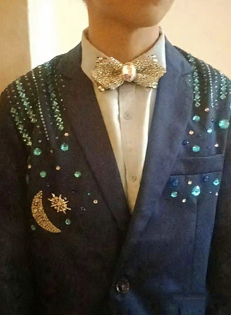 Custom Embellished Navy Blue Blazer with Bowtie (Category: Coats, Jackets and Outerwear) located in Manila. Submitted by dsweetest (Listing ID 1464163068, Image 2). Description: Navy blue blazer with sparkly embellishments. Features moon and star details. Comes with a matching sparkly bowtie. Great for special occasions or performances. Unique design. Comes with pants, long sleeves and bedazzled bowtie Fits M to XL / Ready to ship Location: Manil