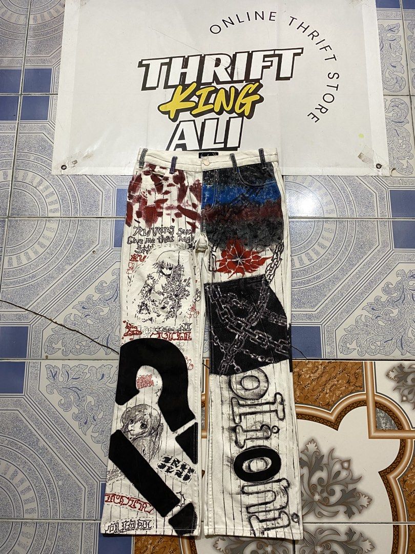 Custom Y2K Baggy Pants (Category: Jeans) located in Rosario. Submitted by thrift_king_ali (Listing ID 1464278058, Image 1). Description: Custom Y2K Pants Dimes: W-33 L-41 Leg opening: 10 inches no issue excellent condition 800+sf.