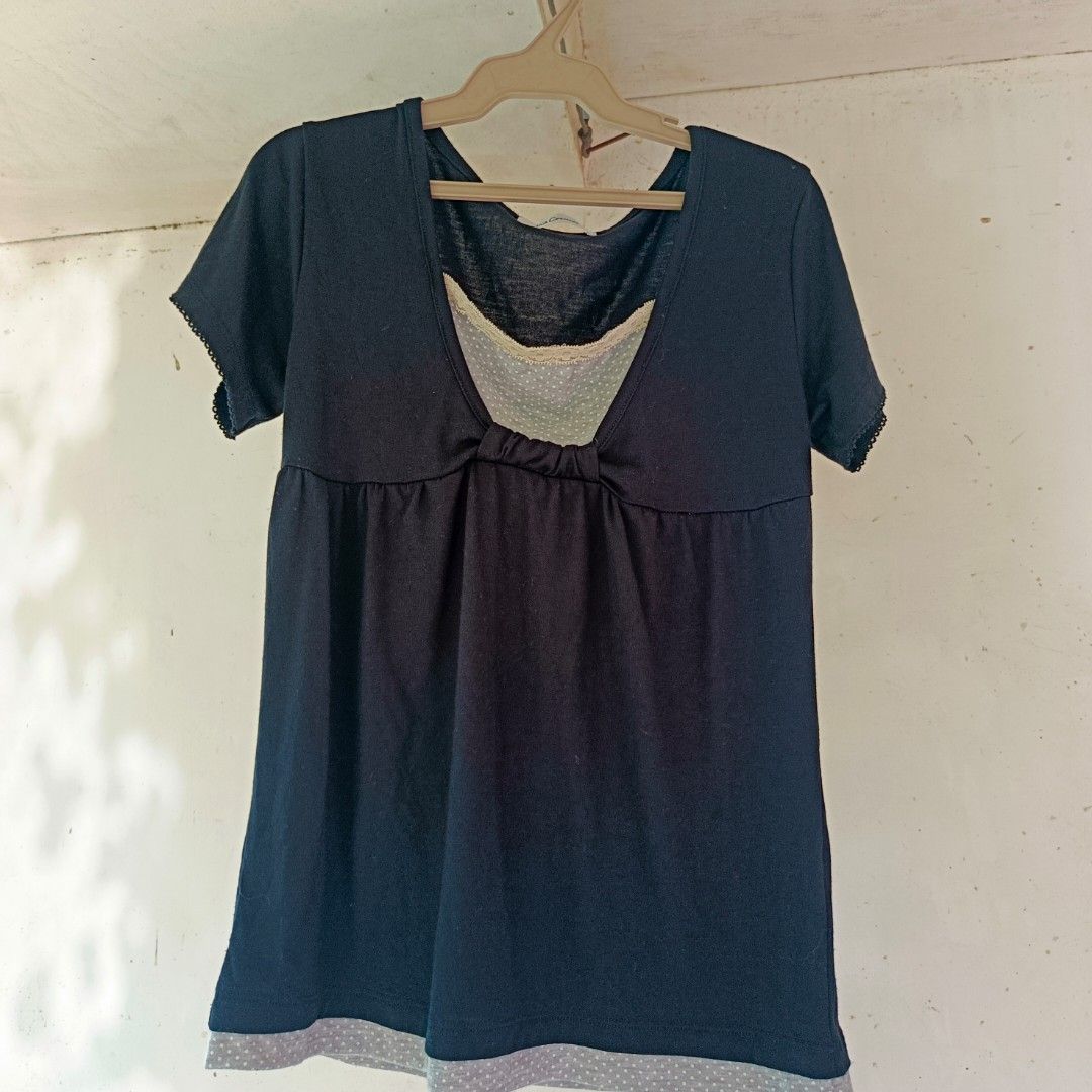 dark coquette dollette babydoll top (Category: Shirts) located in Adams. Submitted by l9venek0 (Listing ID 1464081395, Image 1). Description: black short-sleeve top with faux-layering in gray color patterned with polka dot detailing at the neckline and hem size M on tag! but can fit S-M.