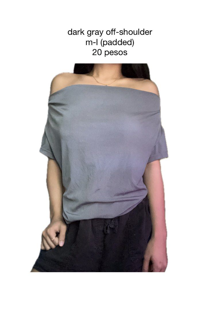 Dark Gray Off-Shoulder Top (Padded) M-L (Category: Blouses) located in Lucena. Submitted by fn.clst (Listing ID 1464158621, Image 1). Description: -can also fit s as long as you have a big bust.