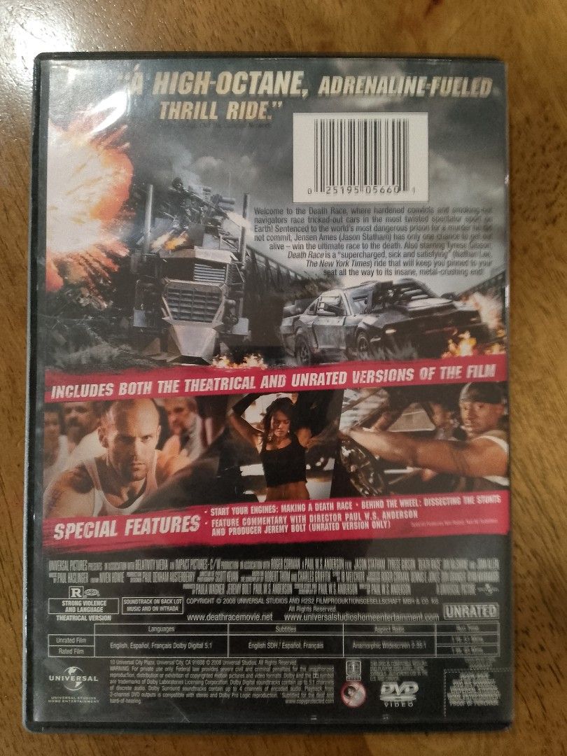 Death Race Unrated DVD (Category: CDs & DVDs) located in Pasig City. Submitted by joeysden (Listing ID 1464184410, Image 2). Description: - Death Race (Unrated Version) - Includes both theatrical and unrated cuts - High-octane action with Jason Statham, Tyrese Gibson, Ian McShane, and Joan Allen - Special features: Behind-the-wheel dissections, making of the movie.