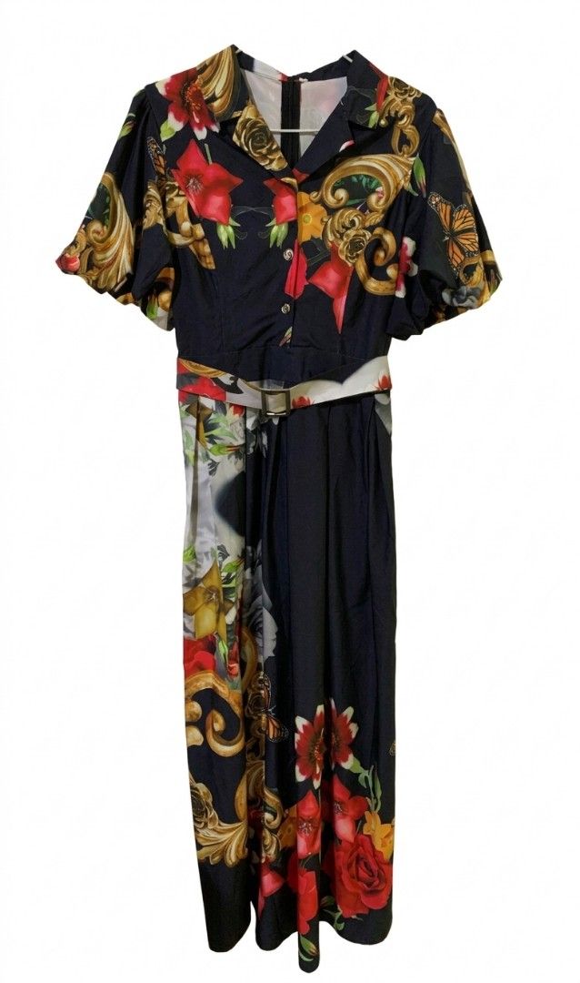 Decluttering BKK dress (Category: Dresses) located in Quezon City. Submitted by ollieollie01 (Listing ID 1464301642, Image 3). Description: - Bold black maxi dress - Eye-catching floral and baroque print - Stylish puff sleeves - Classic collared neckline - Includes a matching belt to define your waist - Flowy, pleated skirt - Ideal for a standout outfit.