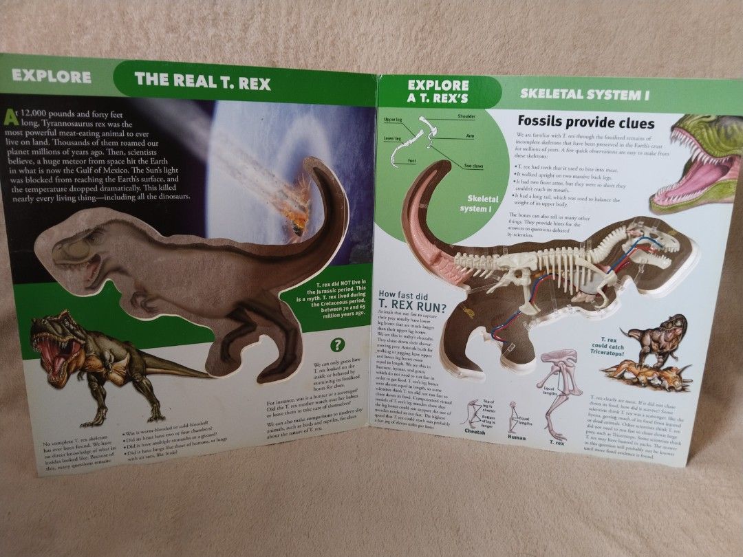 Dinosaur: Explore a T-Rex Interactive 3D Anatomy Book by Dennis Schatz (Category: Children's Books) located in Cavite. Submitted by munting_aklatan_ph (Listing ID 1464224957, Image 3). Description: - Interactive T-Rex book with pop-ups and cutaways - Discover the dinosaur's anatomy - Learn how T-Rex moved and used its arms - Explore if T-Rex was warm or cold-blooded - Fun and educational for young dinosaur enthusiasts.