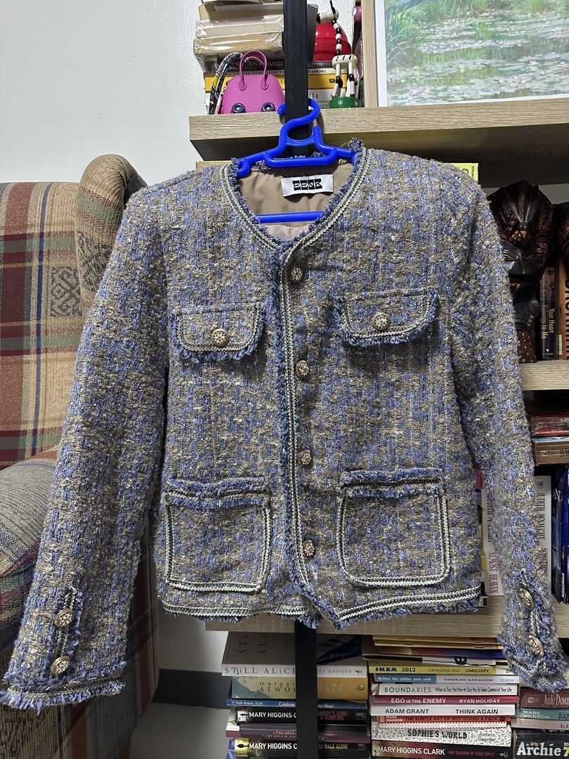 EENK Tweed Jacket with Embellished Buttons (Category: Coats, Jackets and Outerwear) located in Batangas. Submitted by kulilayfinds (Listing ID 1464221735, Image 1). Description: - EENK tweed jacket - Blue and brown checkered pattern - Embellished buttons on front and pockets - Frayed trim details - Estimated size: Medium - Perfect for dressing up or down - Lightweight tweed 😊 Best fits S to M EENK is a Korean brand..