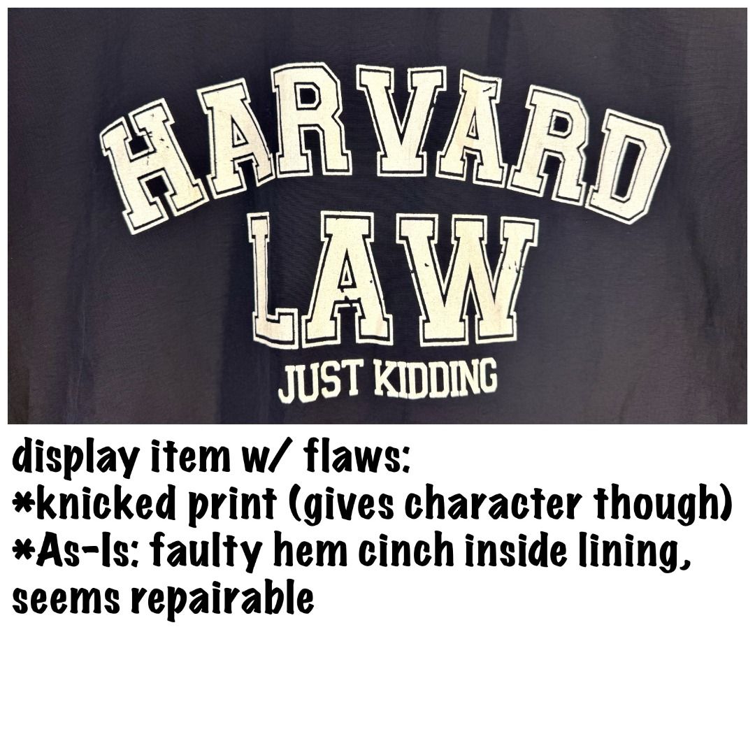 Elpam Black Harvard Law (Just Kidding) Pullover Jacket (Category: Coats, Jackets and Outerwear) located in Caloocan City. Submitted by uniquefind04625 (Listing ID 1464146755, Image 3). Description: Elpam Black Harvard Law (Just Kidding) Pullover Jacket new item = ₱350 display item w/ flaw = ₱250.