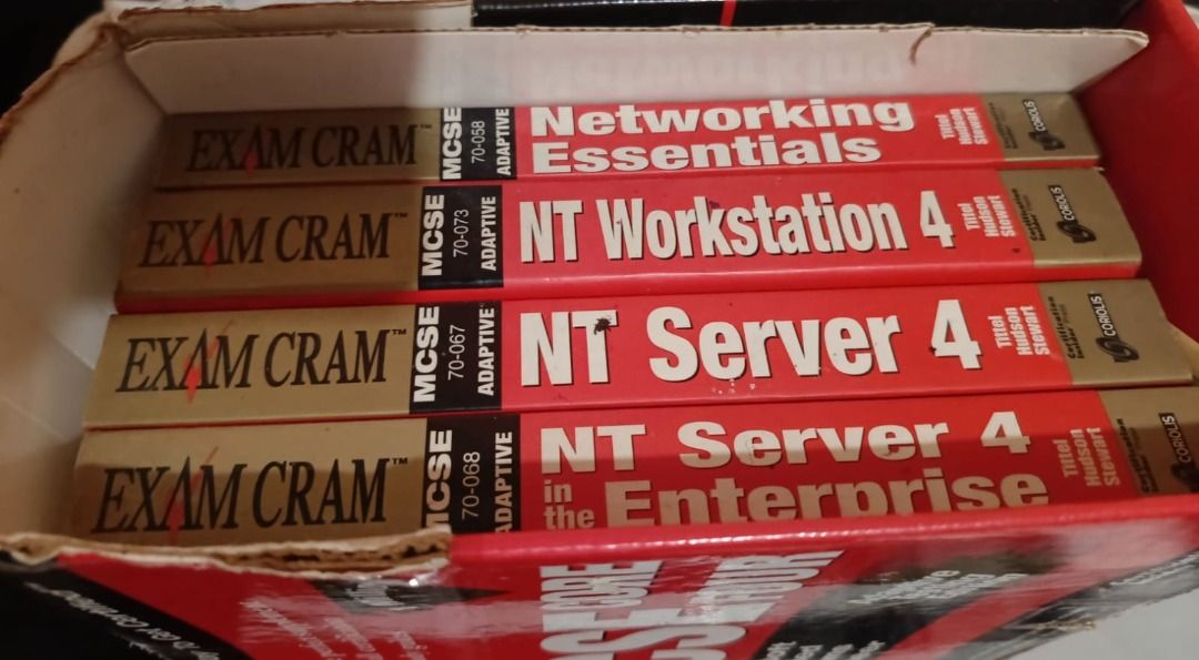 Exam Cram MCSE NT Networking Essentials & Server 4 Books (Category: Textbooks) located in Cavite. Submitted by stargate01 (Listing ID 1464207743, Image 1). Description: - Set of 4 MCSE Exam Cram books - Includes: Networking Essentials, NT Workstation 4 - Includes: 2 copies of NT Server 4 (one for Enterprise) - Ideal for building foundational IT knowledge - Older editions, but still valuable for core concepts.