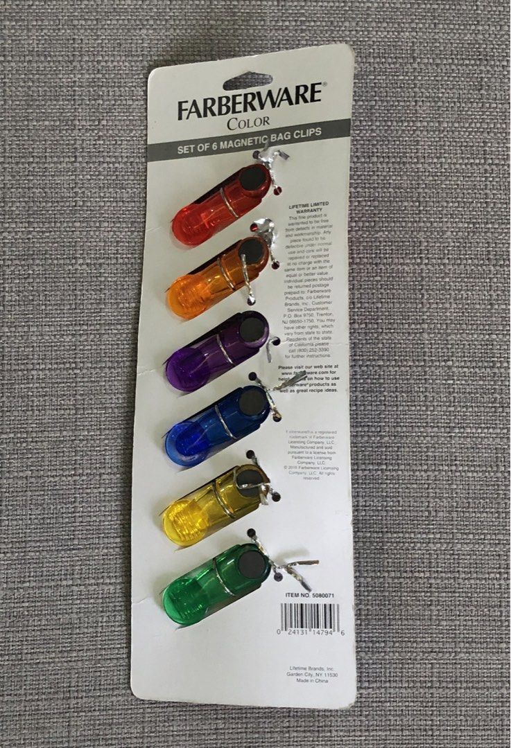 Farberware 6Pc Magnetic Bag Clips (Category: Other Kitchenware & Tableware) located in Manila. Submitted by dlorne (Listing ID 1464215005, Image 2). Description: This set includes six (6) bag clips in assorted colors. These clips are constructed from sturdy, lightweight plastic, which include a magnet on the back for easy hanging. .