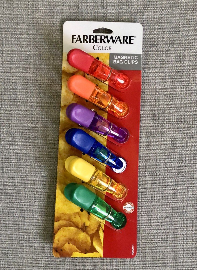 Farberware 6Pc Magnetic Bag Clips (Category: Other Kitchenware & Tableware) located in Manila. Submitted by dlorne (Listing ID 1464215005, Image 1). Description: This set includes six (6) bag clips in assorted colors. These clips are constructed from sturdy, lightweight plastic, which include a magnet on the back for easy hanging. .