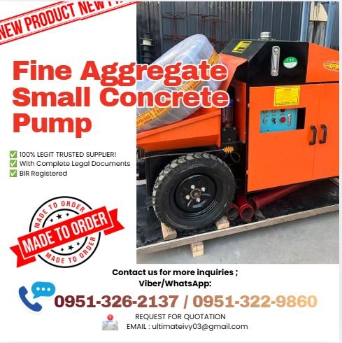Fine Aggregate Small Concrete Pump BK-6000 (Category: Construction Tools & Equipment) located in Caloocan City. Submitted by lyracrimso54467 (Listing ID 1464184711, Image 1). Description: Model:Beautkey-6 Maximum delivery capacity:10m3/h Maximum outlet pressure:15mpa Horizontal delivery distance:30-40m Vertical conveying distance:10-20m Aggregatesize:≤20mm Power:11kw Dimension:1750*700*1100mm Weight:650kg Terms Of Payment 💰50% Down payment Upon 