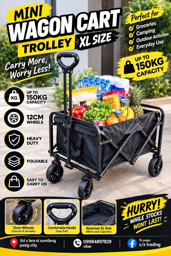 Folding wagon cart trolley (Category: Outdoor Furniture) located in Pasig City. Submitted by gammad_05 (Listing ID 1464328179, Image 1). Description: 🔥 WAGON CART TROLLEY — ON SALE! 🔥 Perfect for groceries, camping, outdoor activities & everyday use! 🛒 ✅ Heavy Duty & Foldable ✅ Spacious Capacity ✅ Durable Wheels ✅ Easy to Pull & Carry ✅ Mini XL, Regular XXXL & Open Rear Type XXXL available 📍 Pasig City 📩 PM for price & availability! ⚡ Limite