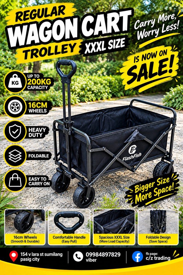 Folding wagon cart trolley (Category: Outdoor Furniture) located in Pasig City. Submitted by gammad_05 (Listing ID 1464328179, Image 2). Description: 🔥 WAGON CART TROLLEY — ON SALE! 🔥 Perfect for groceries, camping, outdoor activities & everyday use! 🛒 ✅ Heavy Duty & Foldable ✅ Spacious Capacity ✅ Durable Wheels ✅ Easy to Pull & Carry ✅ Mini XL, Regular XXXL & Open Rear Type XXXL available 📍 Pasig City 📩 PM for price & availability! ⚡ Limite