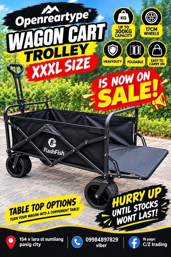 Folding wagon cart trolley (Category: Outdoor Furniture) located in Pasig City. Submitted by gammad_05 (Listing ID 1464328179, Image 3). Description: 🔥 WAGON CART TROLLEY — ON SALE! 🔥 Perfect for groceries, camping, outdoor activities & everyday use! 🛒 ✅ Heavy Duty & Foldable ✅ Spacious Capacity ✅ Durable Wheels ✅ Easy to Pull & Carry ✅ Mini XL, Regular XXXL & Open Rear Type XXXL available 📍 Pasig City 📩 PM for price & availability! ⚡ Limite