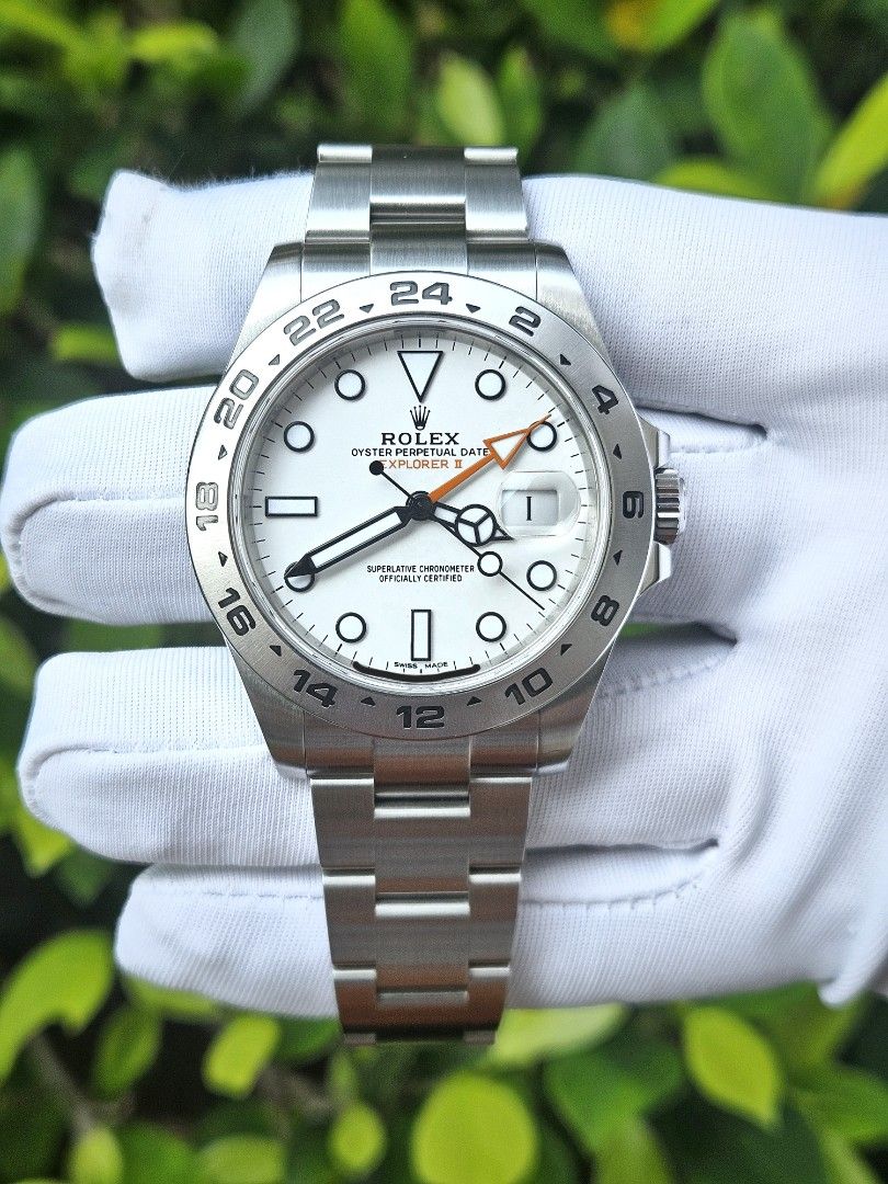 *Full Complete Set* 2019 Rolex Steel Explorer II Polar 42mm Ref. 216570 (Category: Watches) located in Singapore. Submitted by 2am.watches (Listing ID 1464303454, Image 2). Description: 🤙 All watches come with 6 months in-house movement warranty 🤙 •Condition of watch: 9.8/10 (Pristine and mint condition with no dings no dents!) •42mm case diameter with fixed stainless steel Gmt bezel, sapphire crystal glass with Rolex etching crown with inner r
