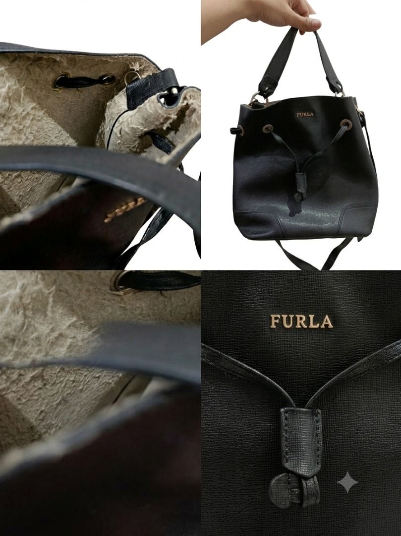 Furla Black Leather Bucket Bag (Category: Luxury Bags & Wallets) located in Pasay City. Submitted by coolfire.dc0ea2 (Listing ID 1464183266, Image 2). Description: - Authentic Furla bucket bag in classic black. - Crafted from genuine leather for a premium feel. - Secure drawstring closure to keep your belongings safe. - Versatile carrying options: top handles and a detachable shoulder strap. - Elegant gold-tone hardware. - Please note: slight wea