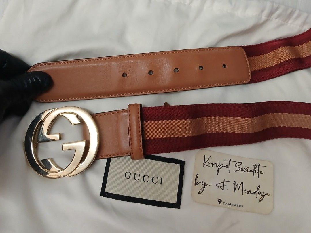 GG Interlocking belt 90-36 (Category: Luxury Accessories) located in Iba. Submitted by kuripot_socialite (Listing ID 1464157064, Image 3). Description: GOLD BUCKLE hardware Watermarks inside leather part. with dustbag Nilinis ko po kaso nag watermarks. Pero walang sira or crack. FLAWLESS sa labas. ✅️Guaranteed orig. ✅️Money back if proven fake. DISCLAIMER: NO COPYRIGHT INFRINGEMENT INTENDED.ALL CREDIT GOES TO THE RIGHTFUL BRAND OWNERS. Mendoza Fa