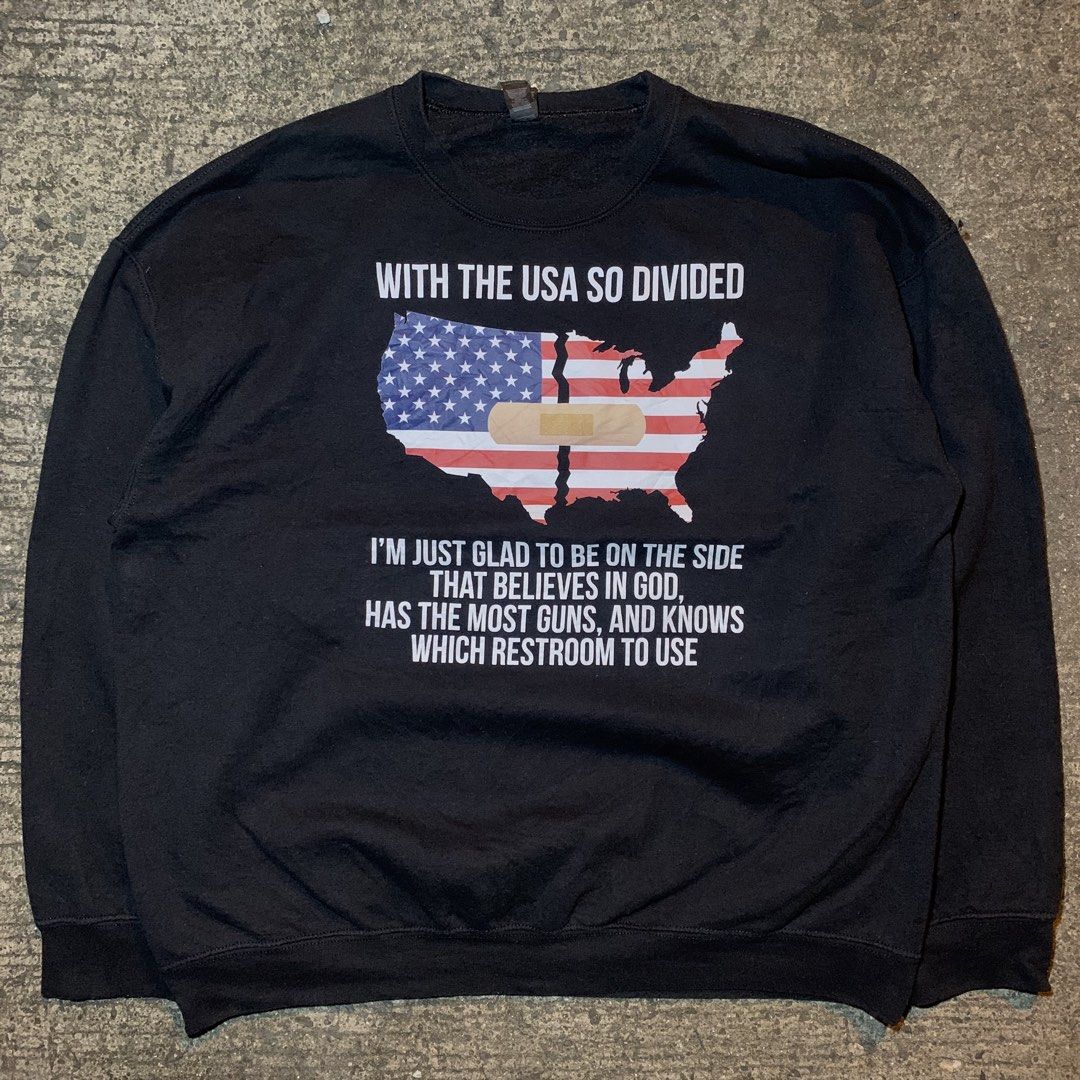 Gildan Political Graphic Sweater (Category: Coats, Jackets and Outerwear) located in Manila. Submitted by steeezyyy (Listing ID 1464336421, Image 1). Description: excellent condition 10/10 color rate no issue 199 only pm lang po meet up sa malapit W 25 x L 28.4 Location : Mandaluyong City .