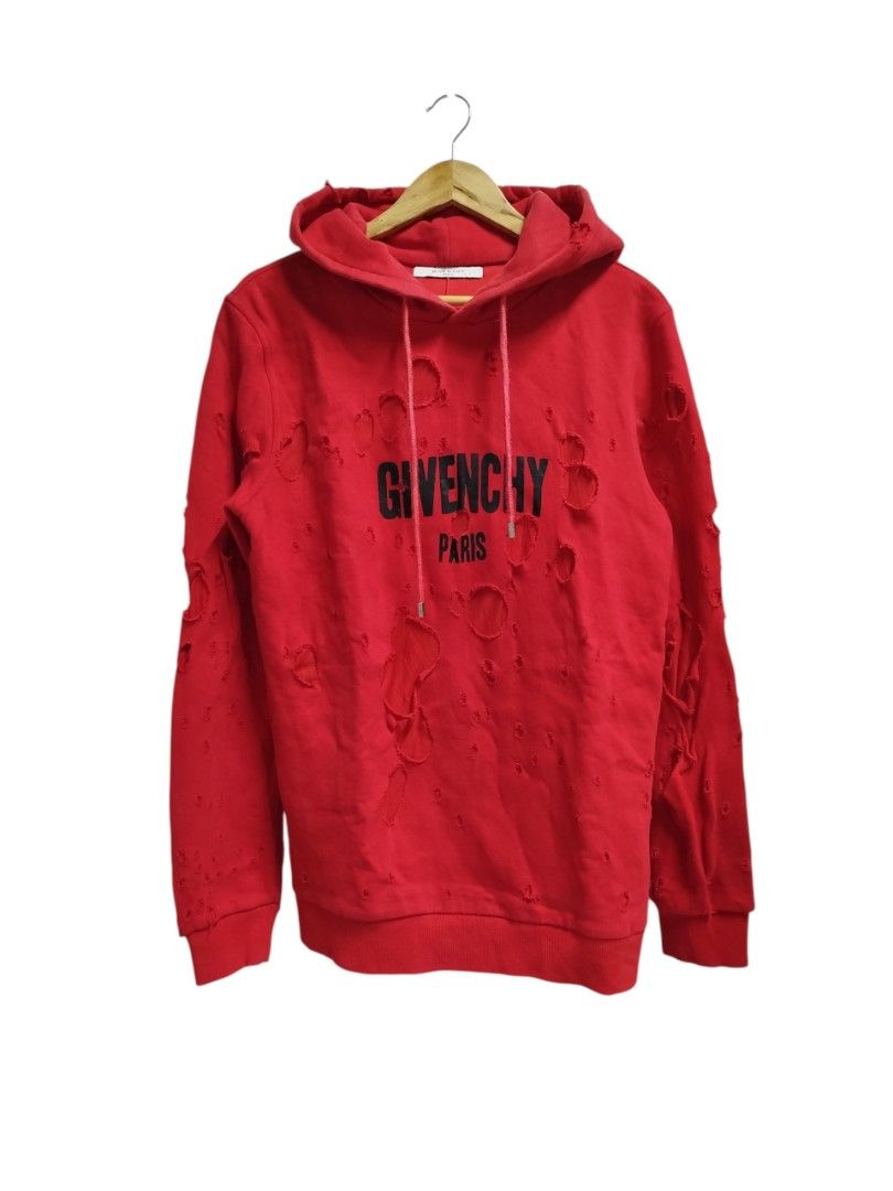 GIVENCHY DISTRESSED RED HOODIE JACKET (Category: Coats, Jackets and Outerwear) located in Bayombong. Submitted by Gentlemans_ClosEt (Listing ID 1464242086, Image 1). Description: GIVENCHY DISTRESSED RED HOODIE JACKET (authentic) SIZE XS ON TAG (unisex) CAN FIT UPTO SIZE MEDIUM (mens) LARGE (women's) DIMES: W19.5 X L29 9/10 COLOR RATE EXCELLENT CONDITION NO ISSUE.
