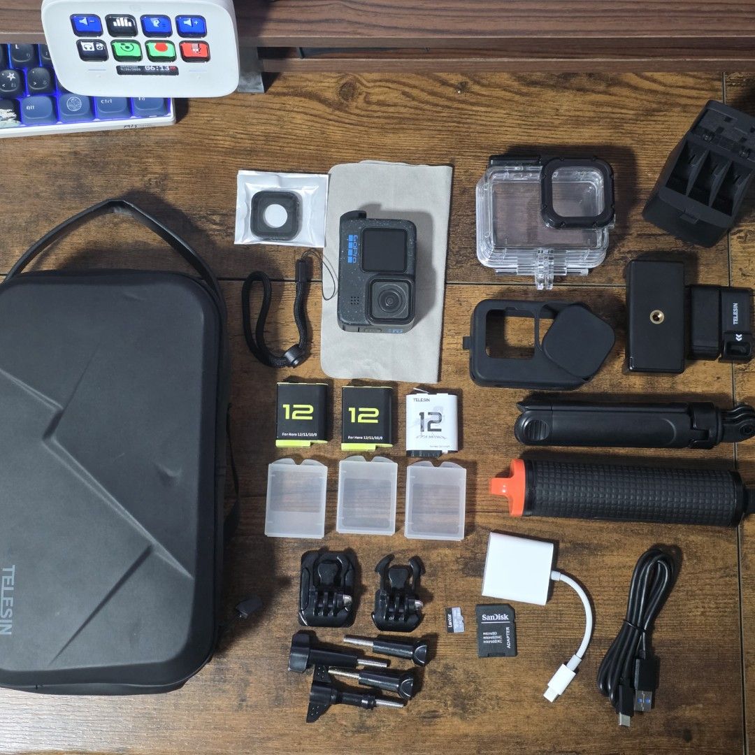 GoPro Hero 12 Black + Complete Accessories Bundle (Category: Cameras) located in Bocaue. Submitted by _sungjinwoo (Listing ID 1464333244, Image 1). Description: Selling my GoPro Hero 12 Black with accessories. Perfect for travel, rides, swimming, vlogging, outdoor activities, etc. Ready to use agad. INCLUSIONS: GoPro HERO 12 Black 2x Original GoPro Batteries 1x TELESIN Battery 3x Battery Cases 1x 3-Slot Battery Charger 1x TELESIN Carrying/Storage