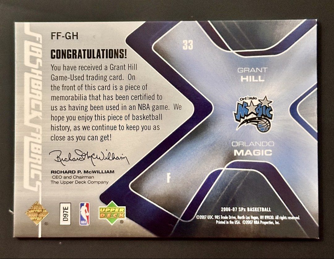 Grant Hill 2006-07 Upper Deck SPx Flashback Fabrics (Category: Raw Singles) located in Mandaluyong City. Submitted by collectorsobsessions (Listing ID 1464140105, Image 2). Description: - Card in Near Mint condition. - PRICE: P700.