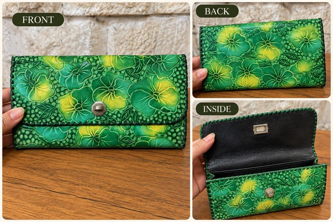 green floral-embossed leather long wallet (Category: Wallets & Card holders) located in San Fernando. Submitted by dntjapansurpluselyu (Listing ID 1464257604, Image 1). Description: .