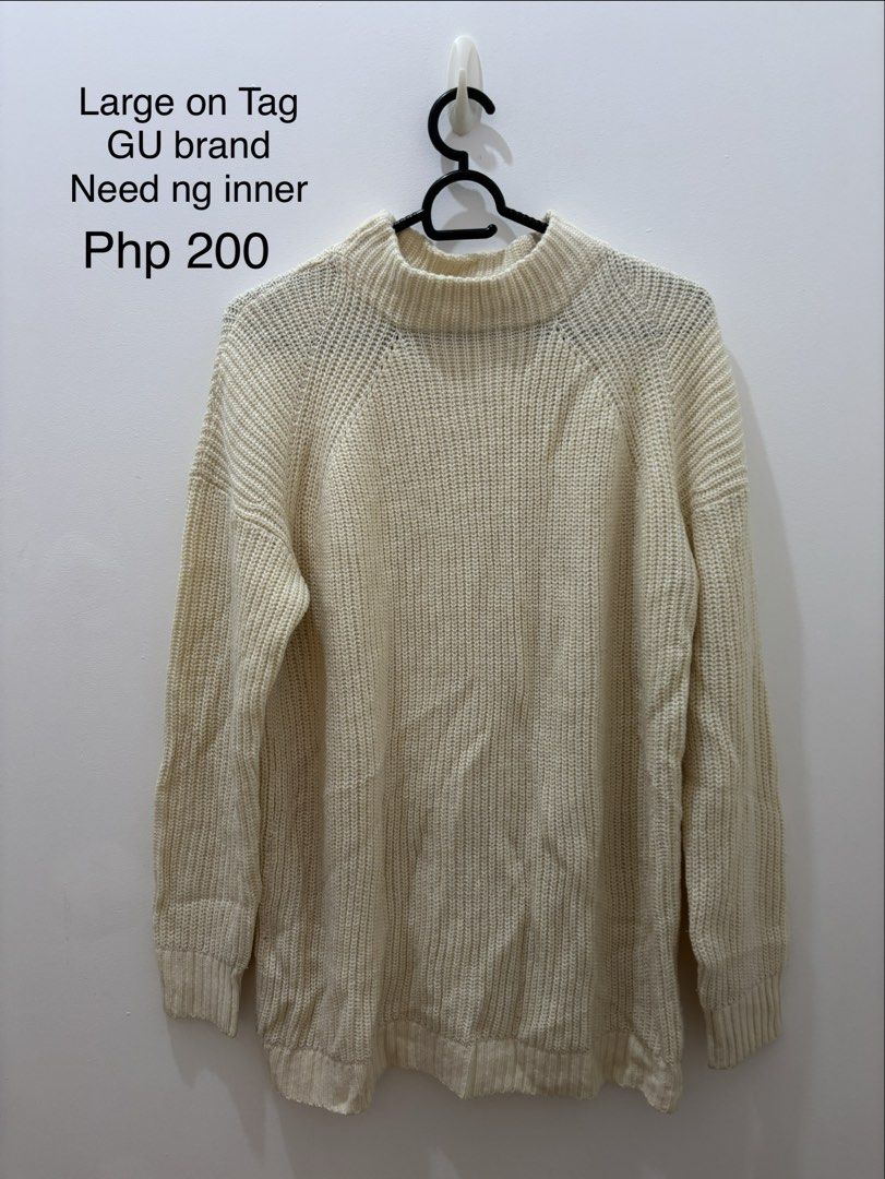 GU Cream Knit Sweater - Large (Category: Longsleeves) located in Bacoor. Submitted by tummybeautyph (Listing ID 1464200725, Image 1). Description: - GU Cream Knit Sweater - Size: Large - Material: Cozy knit, perfect for layering - Note: an inner is recommended - Price: Php 200 - Condition: Great deal!.