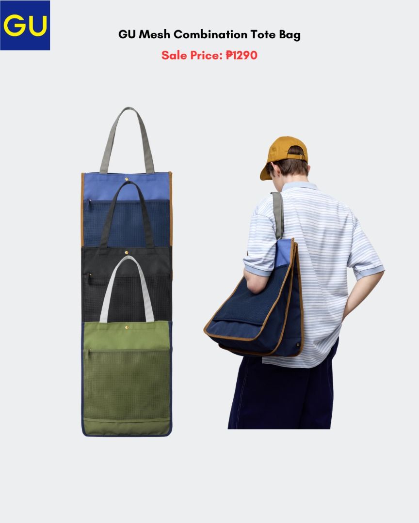GU Mesh Combination Tote Bag (Category: Tote Bags) located in Quezon City. Submitted by jiya.tokio (Listing ID 1464228654, Image 1). Description: Pre-order from GU Japan 🇯🇵 GU Mesh Combination Tote Bag ₱1290 ‼️ Reminders: ✈️ ETA: Nov ❣️ 50% DP is required to secure your item. (Non-refundable if the item has been purchased already.) 🚫 No size exchanges after purchase 📍 Tandang Sora, Quezon City 💰 MOP: BPI / GCash / Unionbank 🚚 : Lalamove/Gra