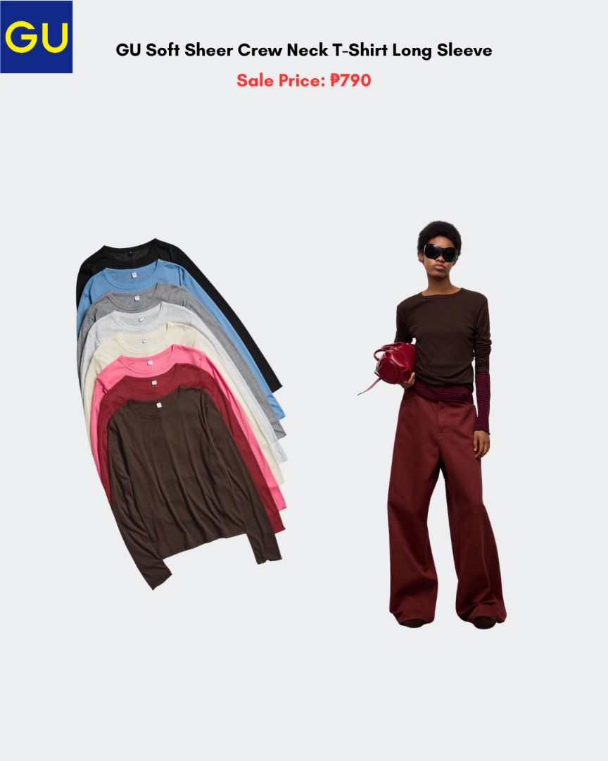 GU Soft Sheer Crew Neck Long Sleeve (Category: Longsleeves) located in Quezon City. Submitted by jiya.tokio (Listing ID 1464225188, Image 1). Description: Pre-order from GU Japan 🇯🇵 GU Soft Sheer Crew Neck Long Sleeve ₱790 ‼️ Reminders: ✈️ ETA: Nov ❣️ 50% DP is required to secure your item. (Non-refundable if the item has been purchased already.) 🚫 No size exchanges after purchase 📍 Tandang Sora, Quezon City 💰 MOP: BPI / GCash / Unionbank 🚚