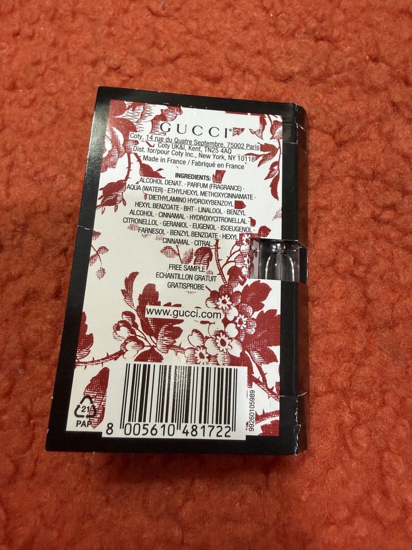 Gucci Bloom Eau de Parfum Sample 1.5ml (Category: Fragrance & Deodorants) located in Pasig City. Submitted by closetcleanoutmnl (Listing ID 1464165292, Image 3). Description: - Gucci Bloom Eau de Parfum sample - Size: 1.5ml - Comes in a signature floral print card holder - Ideal for testing the fragrance before purchasing a full bottle - A lovely addition to your perfume collection.