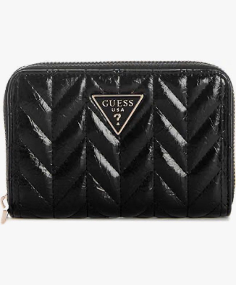 Guess Quilted Zip Around Wallet Black (Category: Wallets & Card holders) located in Manila. Submitted by apraeltrends (Listing ID 1464209644, Image 2). Description: - Stylish black Guess wallet - Elegant quilted chevron pattern - Secure zip-around closure - Multiple interior card slots - Convenient zippered coin pocket - Chic gold-tone hardware - Compact size: approximately 4.5" x 3.5".