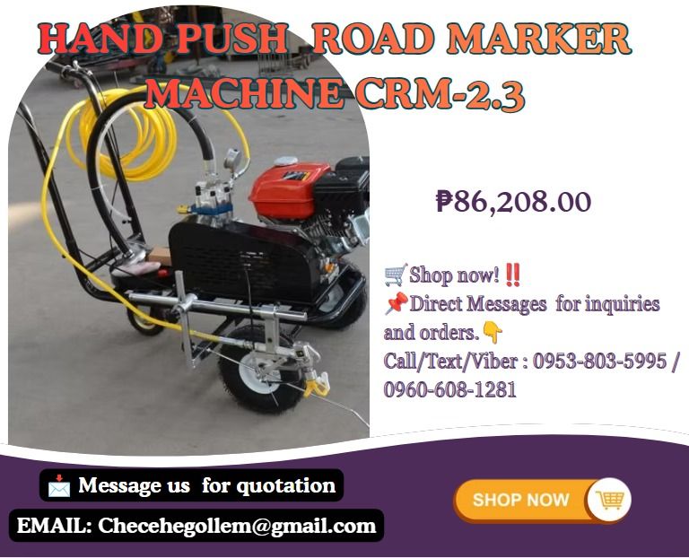 Hand Push Road Marker machine CRM-2.3 (Category: Construction Tools & Equipment) located in Caloocan City. Submitted by happystorm_d41630 (Listing ID 1464151614, Image 1). Description: ₱86,208/SET for Single gun ●Gasoline engine: 6.5 horsepower ●Zongshen Pump: Diaphragm pump ●Drawing speed: 130 m/min ●Nozzle Inch: 1708 ●417 517 Flow: 3.8L/M ●Marking line width: 8-25cm(adjustable) ●Marking line thickness: 0.2-0.4mm ●Qty. of spray gun: 1 hand spray