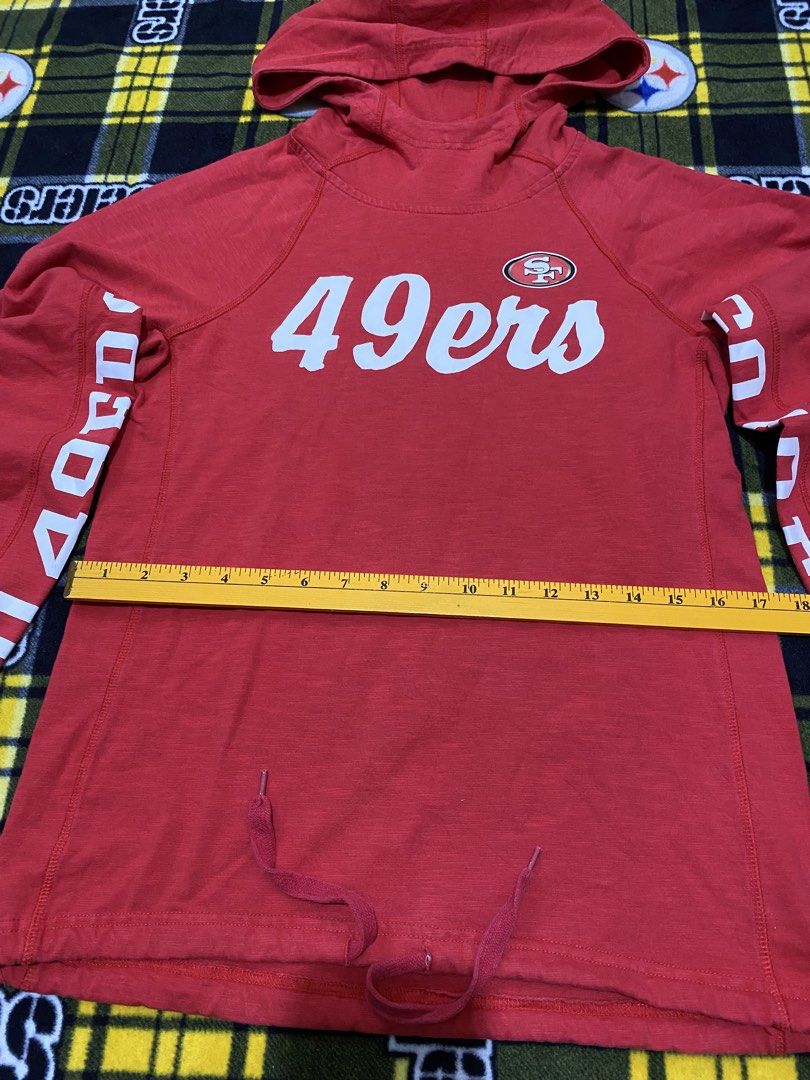 HANDS HIGH, Long-sleeve hoodie (Category: Coats, Jackets and Outerwear) located in Cavite. Submitted by jc_thrift95 (Listing ID 1464169898, Image 3). Description: - a San Francisco 49ers stadium giveaway (SGA) lightweight red long-sleeve hoodie featuring white text and the team logo on the chest. - Color rate 8/10 - See pictures details for dimes..