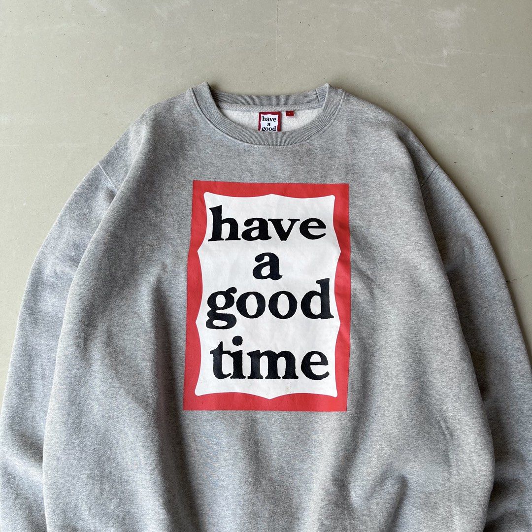 Have A Good Time Grey Crewneck Sweatshirt (Category: Coats, Jackets and Outerwear) located in Mandaue City. Submitted by chinsyap_03 (Listing ID 1464190534, Image 2). Description: - Grey sweatshirt from Have A Good Time - Features iconic 'have a good time' graphic print on the front - Classic crewneck style - Fits Medium to Large (M-L) - Ideal for everyday casual wear.