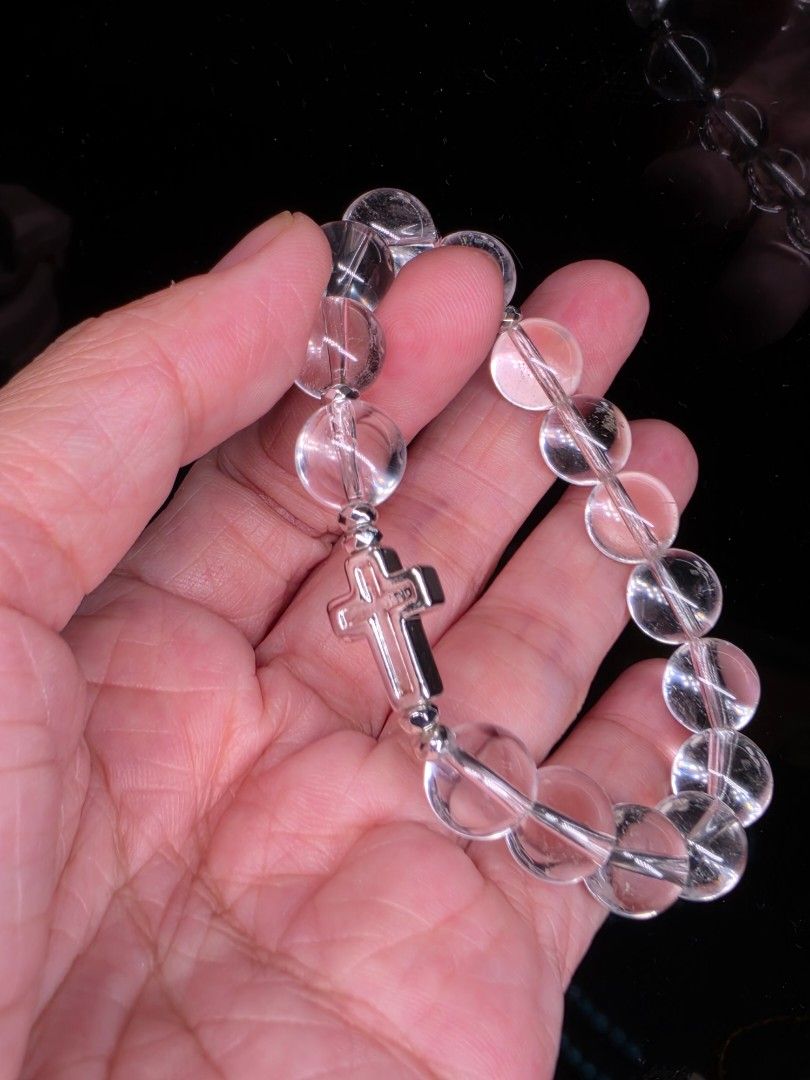 High-quality type AA clear Quartz rosary (Category: Bracelets) located in Manila. Submitted by cavalierdolls (Listing ID 1464237227, Image 1). Description: High-quality type AA clear Quartz bracelet rosary with Certificate. spacer and cross is hematite..