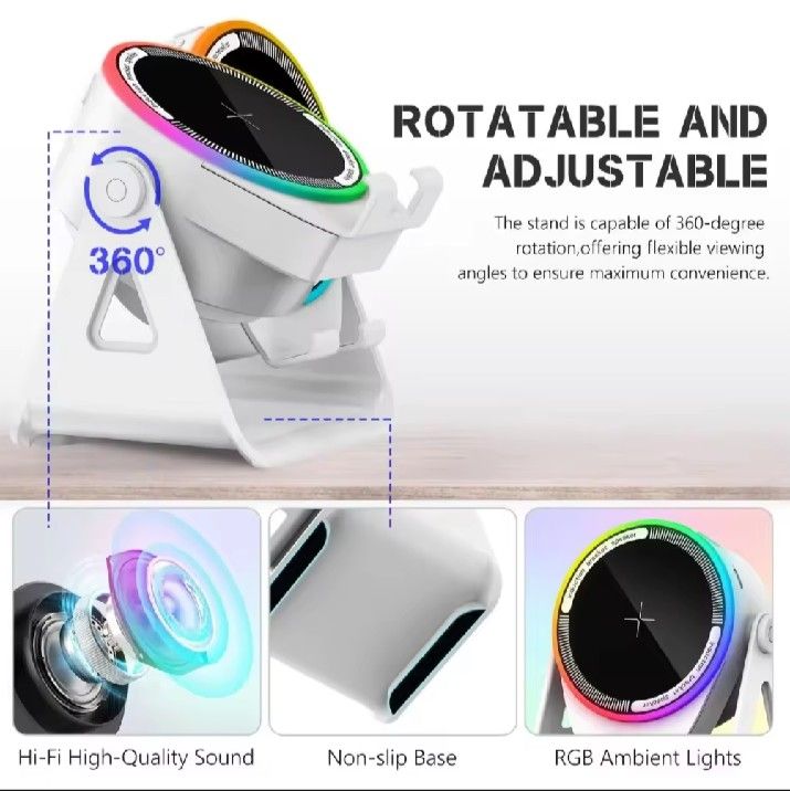 Hinar Induction Speaker with Bluetooth & RGB Lights (Category: Soundbars, Speakers & Amplifiers) located in Manila. Submitted by dsweetest (Listing ID 1464154789, Image 3). Description: Wireless induction speaker with Bluetooth connectivity. Has a high-quality sound output. Features an adjustable cell phone stand and RGB ambient lights. The stand rotates 360 degrees for flexible viewing. Non-slip base for stability. Compatible with most phones an