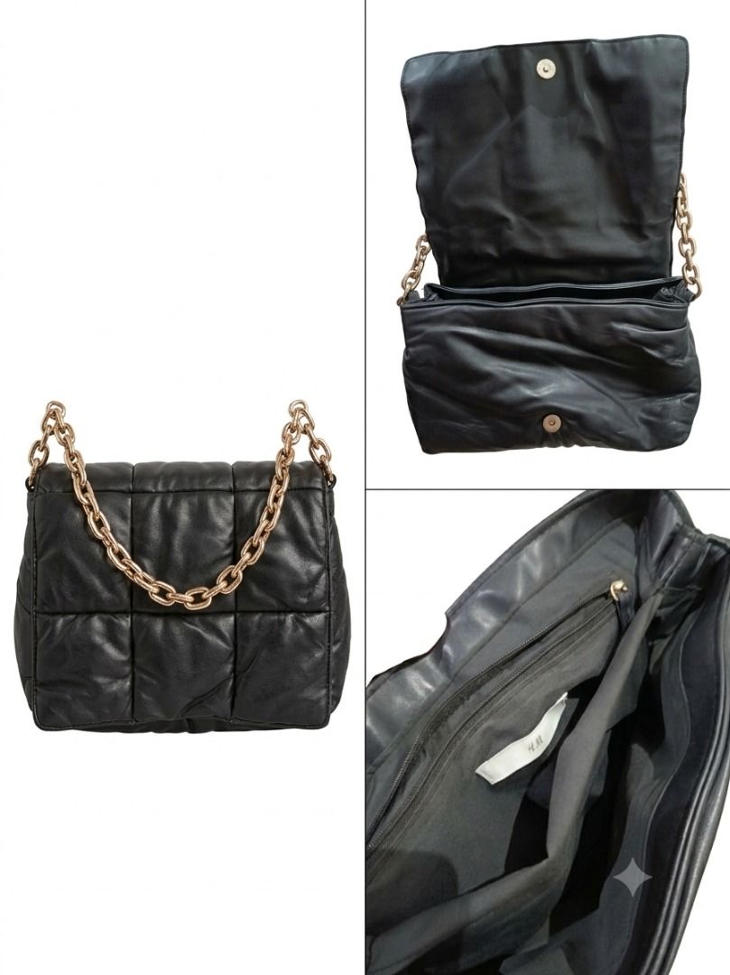 H&M Black Quilted Chain Shoulder Bag (Category: Shoulder Bags) located in Pasay City. Submitted by coolfire.dc0ea2 (Listing ID 1464184001, Image 1). Description: - Black quilted shoulder bag - Brand: H&M - Gold chain strap - Magnetic snap closure - Interior zip pocket - Spacious enough for essentials - Versatile for everyday or night out *Negotiable Location Pasay.