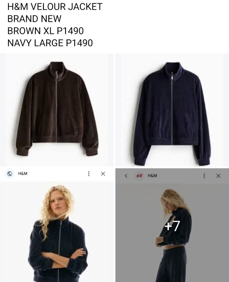 SUPER SALE H&M Velour Jacket - Brown XL & Navy L (Category: Coats, Jackets and Outerwear) located in Manila. Submitted by katkween23 (Listing ID 1464184186, Image 1). Description: - Brand new H&M velour jackets - Available colors: Brown (XL), Navy (L) - Perfect for a casual and stylish look.