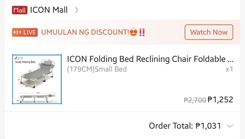 ICON Folding Bed Reclining Chair Foldable Small Bed 179CM (Category: Bed Frames & Mattresses) located in Manila. Submitted by jhie24 (Listing ID 1464291992, Image 2). Description: Negotiable! - ICON Folding Bed Reclining Chair - Length: 179cm - Ideal for camping trips or as an extra sleeping space - Easy to fold and store - Comes with a comfortable headrest - Color: Grey.