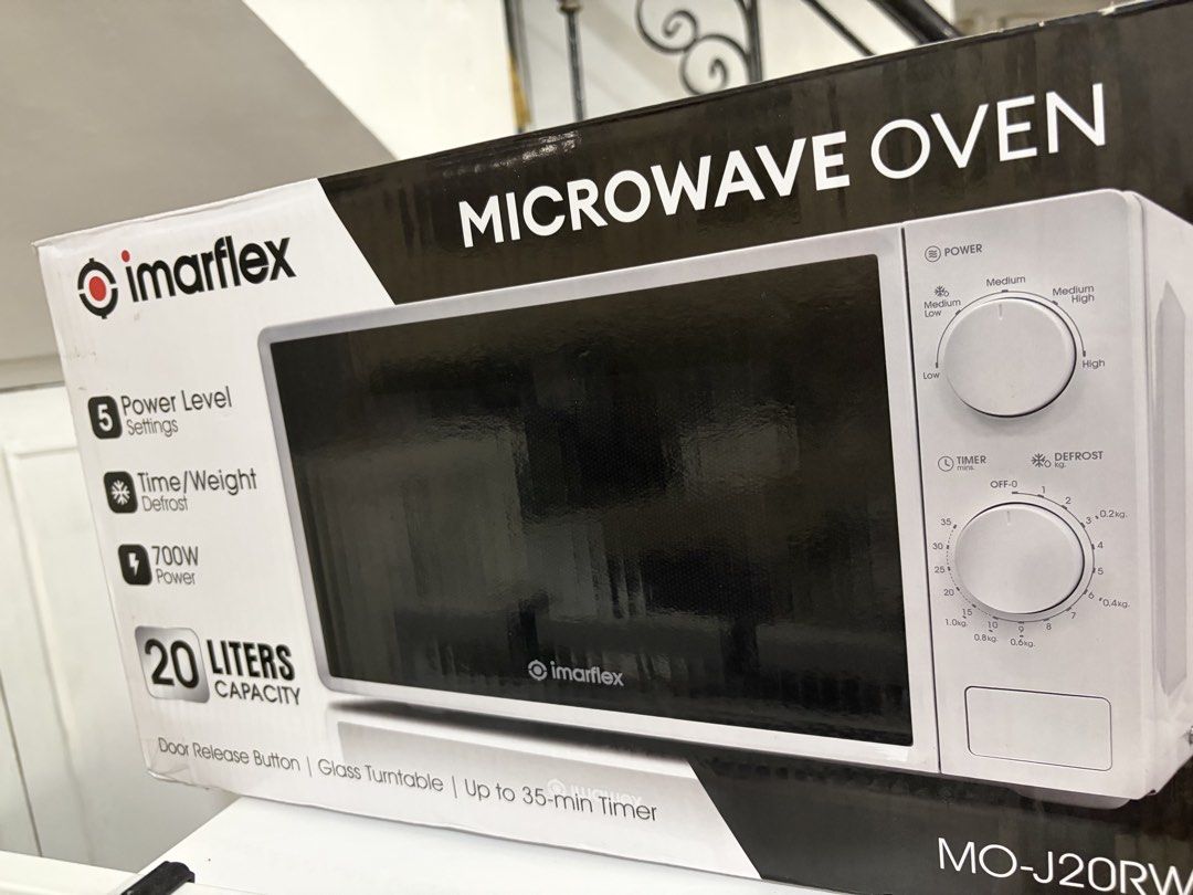 Imarflex Microwave Oven MO-J20RW 20L 700W (Category: Ovens & Toasters) located in Quezon City. Submitted by mayangski77 (Listing ID 1464246987, Image 1). Description: - Imarflex Microwave Oven - 20 Liters Capacity - 700W Power - 5 Power Level Settings - Time/Weight Defrost Function - Up to 35-Minute Timer - Glass Turntable - Door Release Button - Ideal for Everyday Use.