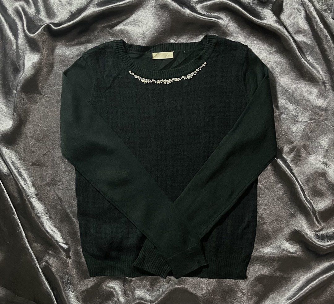 Index Black Embellished Crew Neck Sweater (Category: Coats, Jackets and Outerwear) located in Cavite. Submitted by bellewii (Listing ID 1464289952, Image 1). Description: - Brand: Index - Color: Black - Style: Long-sleeved sweater - Neckline: Crew neck with beaded and jeweled detail - Knit: Subtle textured pattern - Versatility: Perfect for dressing up or down.
