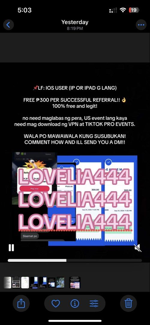 IOS USER FREE 300 IF SUCCESSFUL!! DM ME RUSH (Category: Vouchers) located in Capas. Submitted by lovelia_ (Listing ID 1464149003, Image 1). Description: - iOS users (iPhone/iPad) wanted! - Earn P300 per successful referral. - 100% FREE and LEGIT. - No purchase needed. - Simply download a VPN and join a US event for TikTok Pro. - DM me if you're interested!.