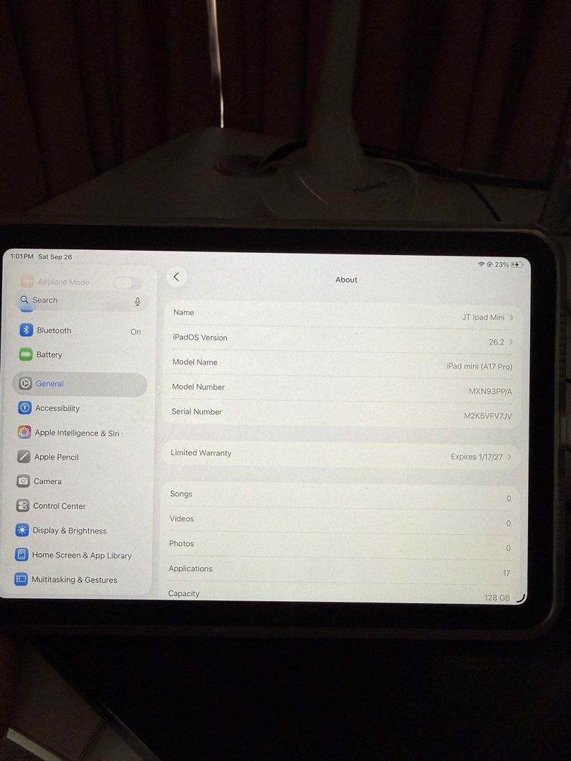 Ipad Mini A17 for Sale! (Category: iPad) located in Quezon City. Submitted by jjtan.0308 (Listing ID 1464303903, Image 3). Description: - iPad Mini A17 - 128GB storage - Battery health: 100% - Maximum capacity charging limit set to 80% for battery longevity - Available for meetups in Robinsons Magnolia or GH Mall.