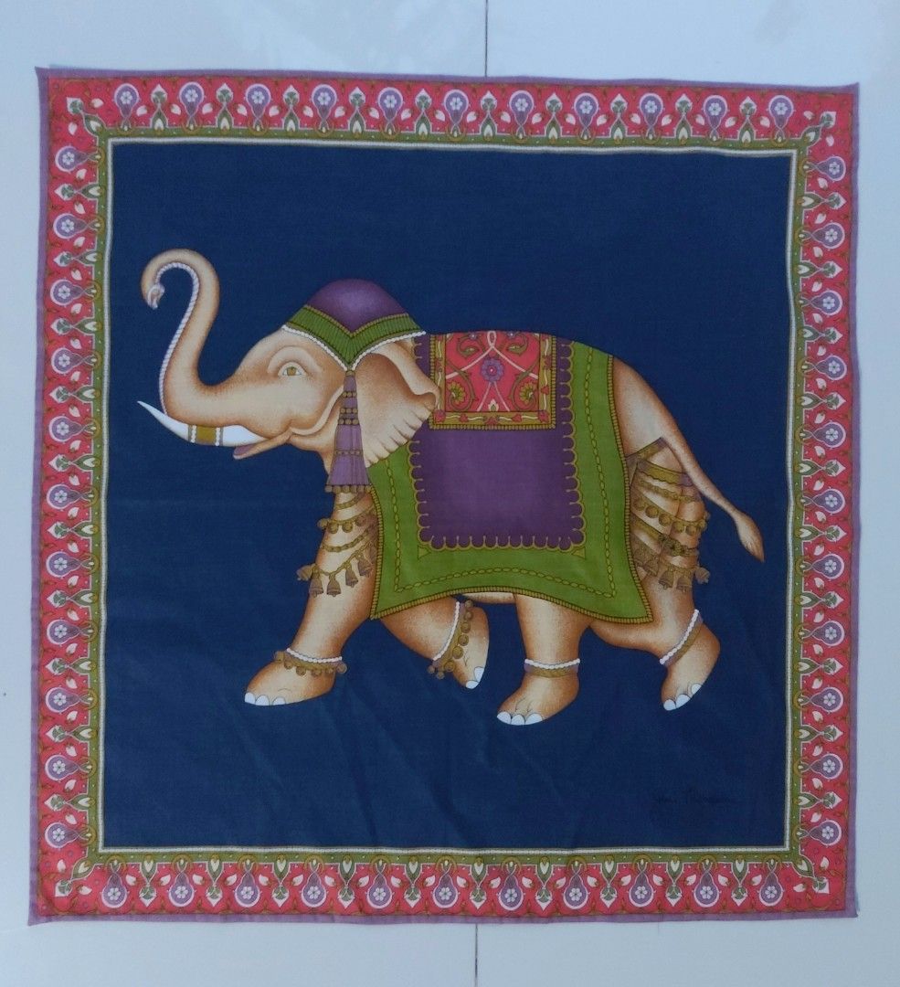 Jean Thompson Elephant Print Handkerchief (Category: Handkerchief & Pocket Squares) located in Lapu Lapu. Submitted by agnesapm_29813 (Listing ID 1464256539, Image 2). Description: Beautiful handkerchief with a vibrant elephant design. Features a decorative border with intricate patterns. Signed by Jim Thompson. Measures approximately 15x15 inches. Great for adding a pop of color to any outfit or as a decorative piece. Washed and ironed already. 