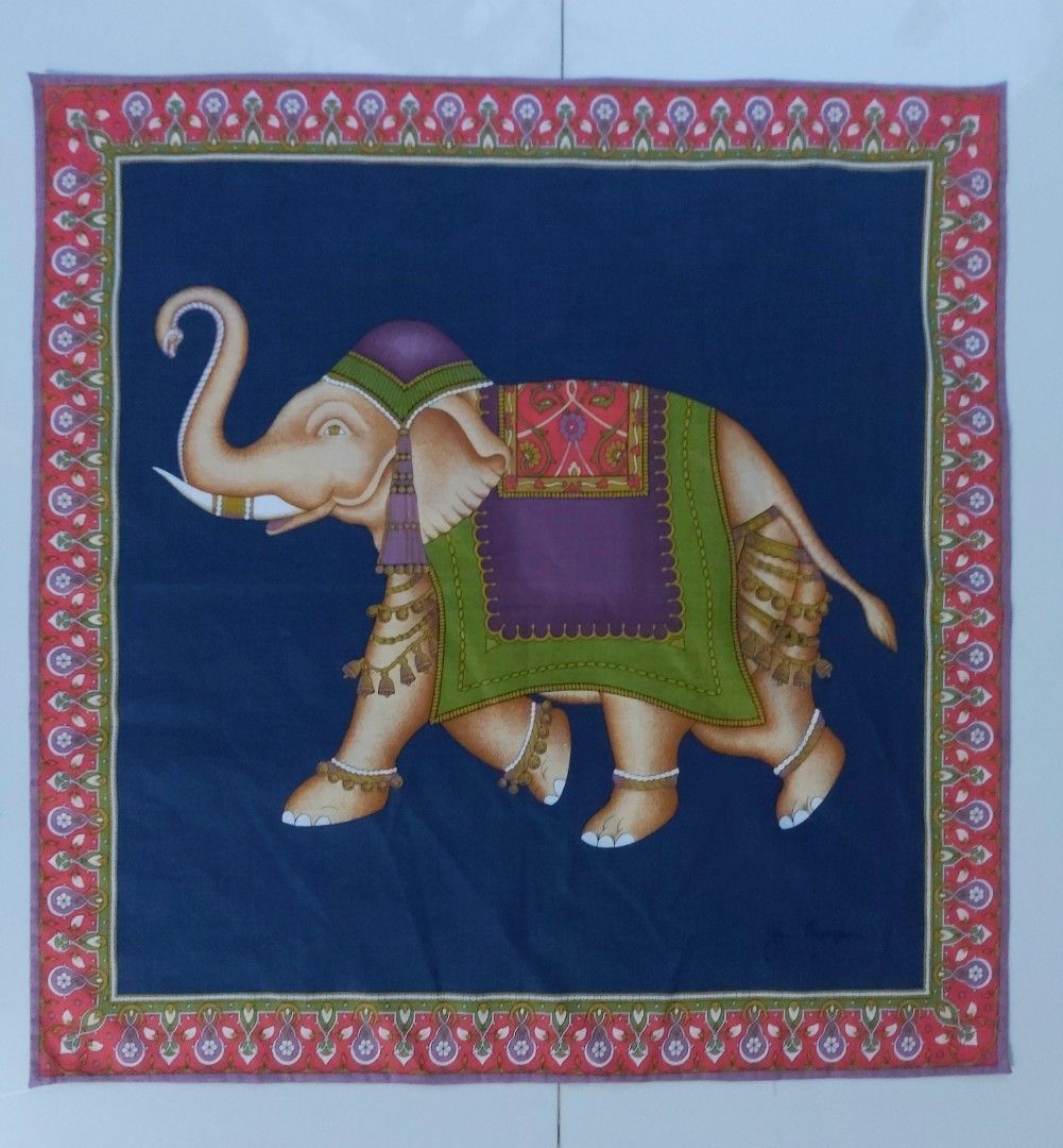 Jean Thompson Elephant Print Handkerchief (Category: Handkerchief & Pocket Squares) located in Lapu Lapu. Submitted by agnesapm_29813 (Listing ID 1464256539, Image 1). Description: Beautiful handkerchief with a vibrant elephant design. Features a decorative border with intricate patterns. Signed by Jim Thompson. Measures approximately 15x15 inches. Great for adding a pop of color to any outfit or as a decorative piece. Washed and ironed already. 