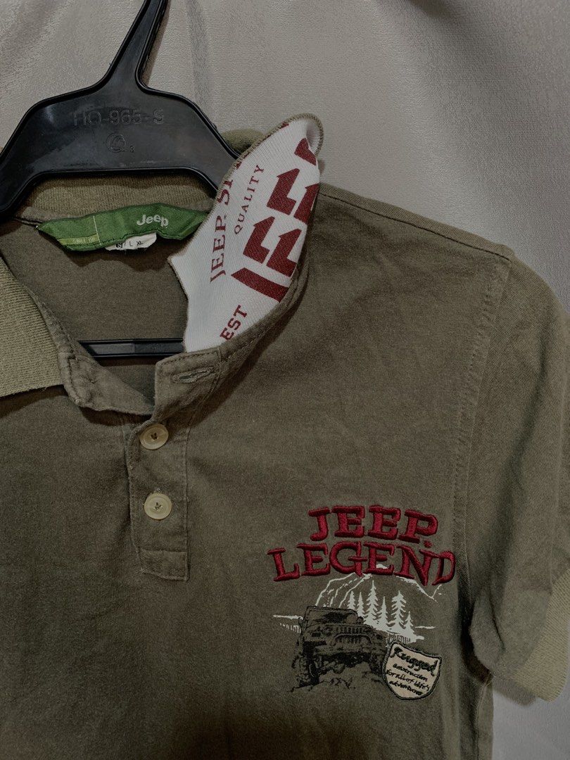 Jeep legend Polo (Category: Blouses) located in Cebu City. Submitted by goldencloud_f1507d (Listing ID 1464214832, Image 3). Description: Jeep Legend polo shirt features a distinct rugged off-road graphic patch on the chest. - slight issue (see last slide) -XS-Small.