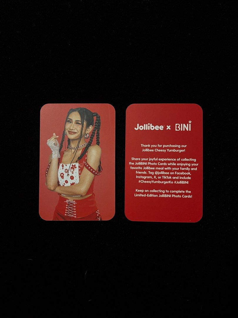 Jollibee x BINI (JolliBINI) Sheena (Category: Other Merchandise) located in Cebu City. Submitted by trstn_ (Listing ID 1464251966, Image 1). Description: - Jollibee x BINI collectible photo card - From the Cheesy Yumburger promo - Perfect for BINI and Jollibee fans - Complete your set! Meet ups within I.t. park.