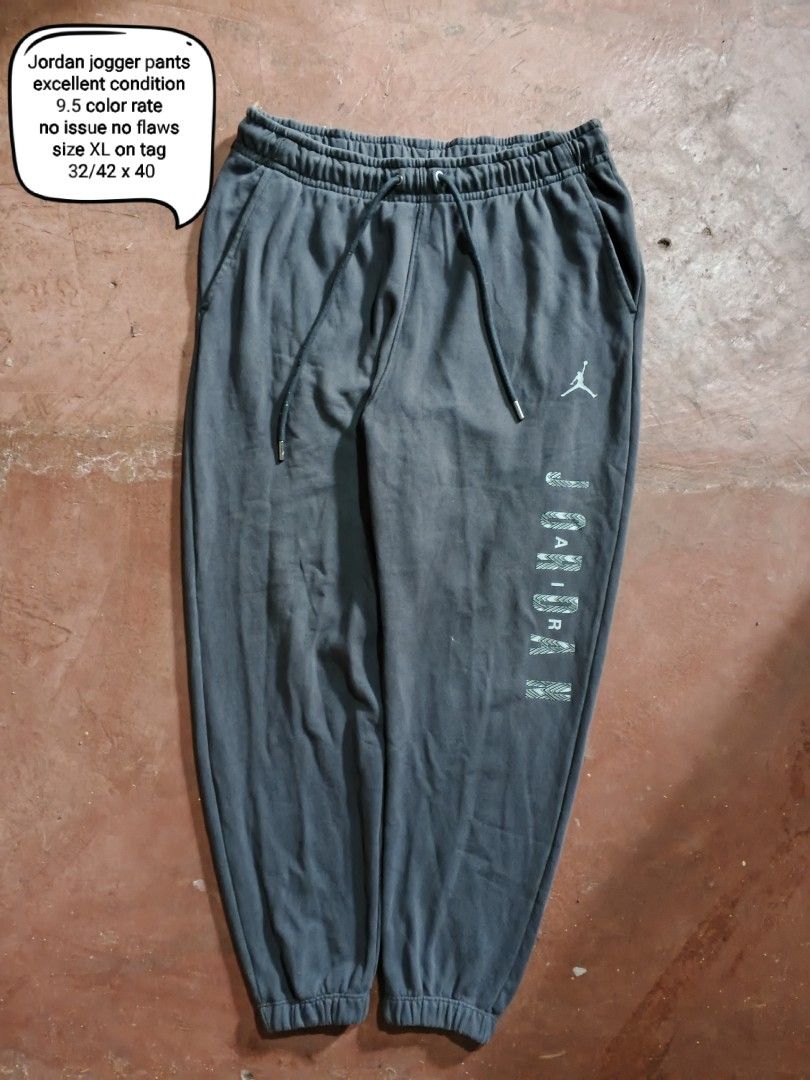 Jordan Jogger Pants Size XL (Category: Joggers) located in Manila. Submitted by thriftnized_07 (Listing ID 1464279210, Image 1). Description: - Grey Jordan jogger pants - Size XL on tag (fits 32-42 waist) - Drawstring waist and elastic cuffs - Printed Jordan logo on the side - Great for casual wear.