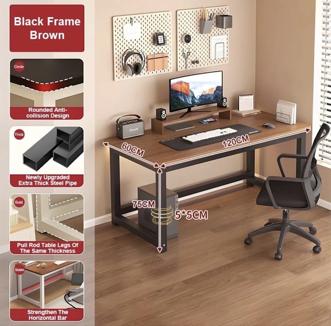 karry home brown wood computer table desk (120cm width) (Category: Tables & Sets) located in Binan City. Submitted by nakednini (Listing ID 1464166260, Image 3). Description: ⋆ got this last 9/22/26 only! ⋆ dimensions: 120*60*75cm ⋆ wood board + stainless steel ⋆ 1.6cm thick board ⋆ stable, non shaking ⋆ item is already set up so there's no box anymore ⋆ pickup preferred! dm me if you'd like more details 💌.